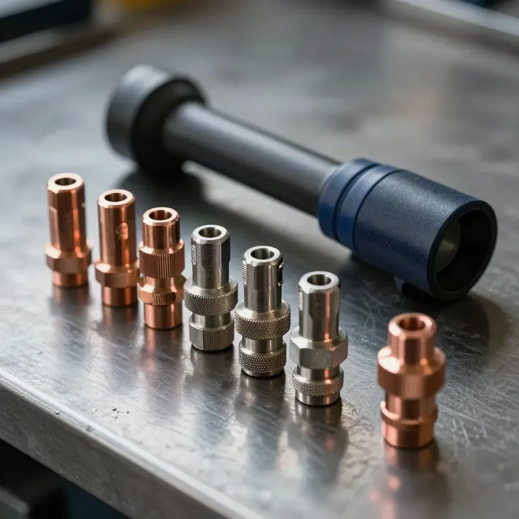 Insulated cable lugs, hose fittings, and a small inspection torch on dark brushed metal.