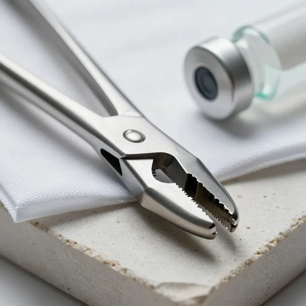 Macro still life of forceps, sample vial and sterile drape on pale stone