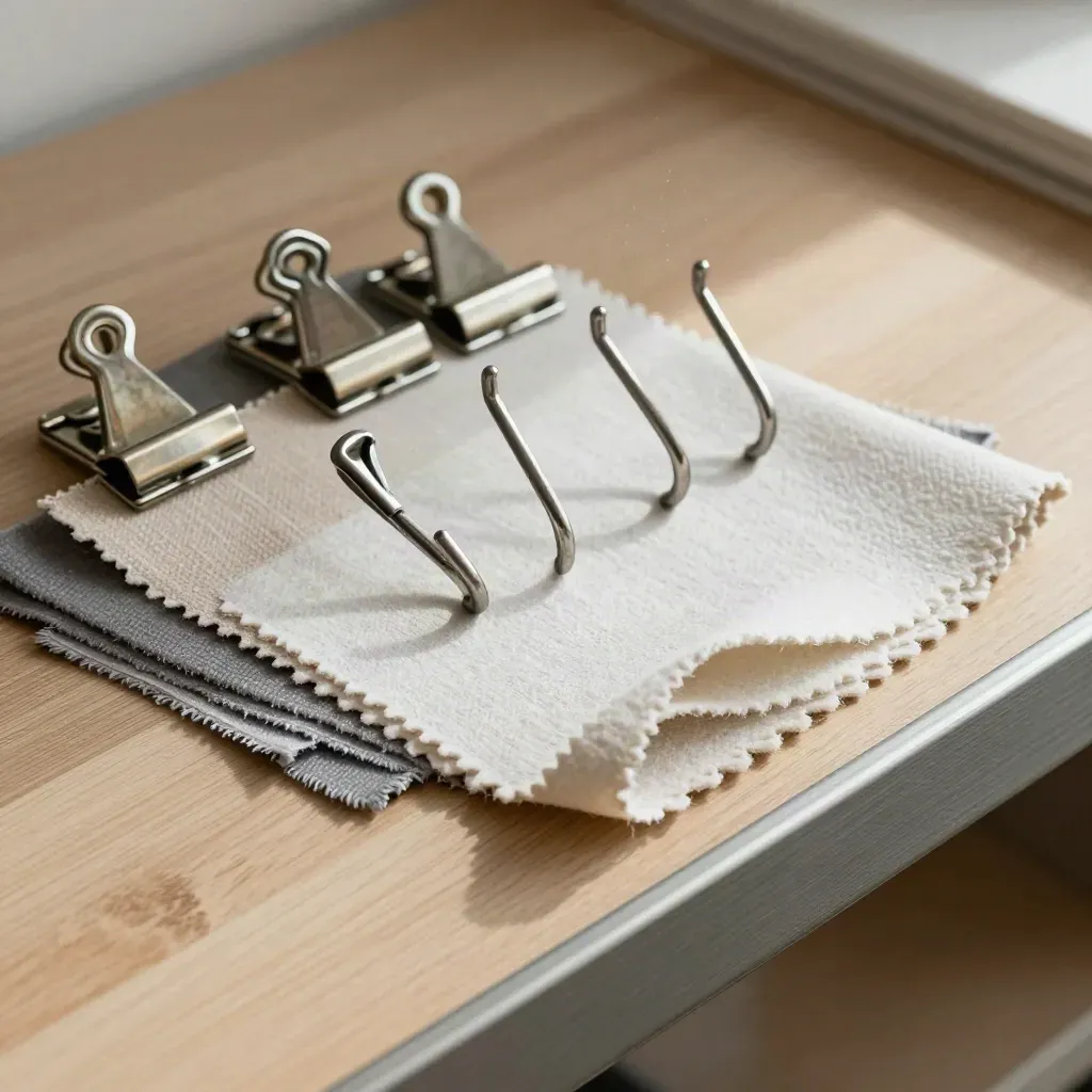 Retail swatches, zinc clips and peg hooks arranged on pale wood in a tidy overhead flatlay.