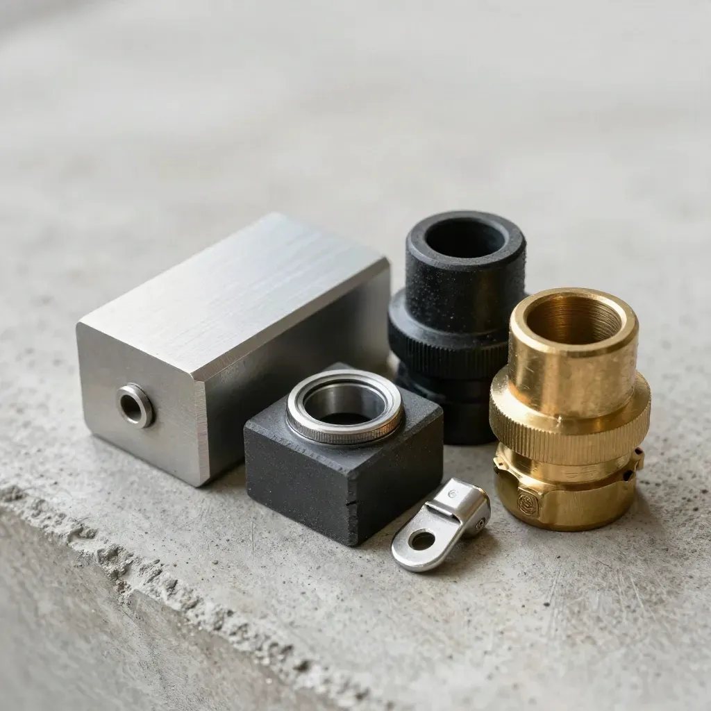 Macro still life of rail relay parts, gauge block, cable gland and brass coupler on brushed concrete.