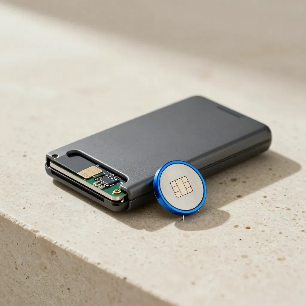 Macro still life of a card-reader shell, chip module, token and standoffs on warm limestone.