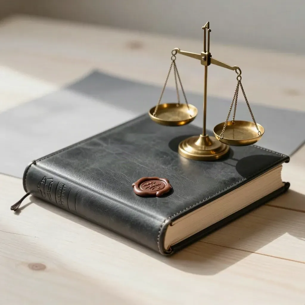 Finance-ledger still life with brass weights, leather book, wax seal and steel clips on ash wood