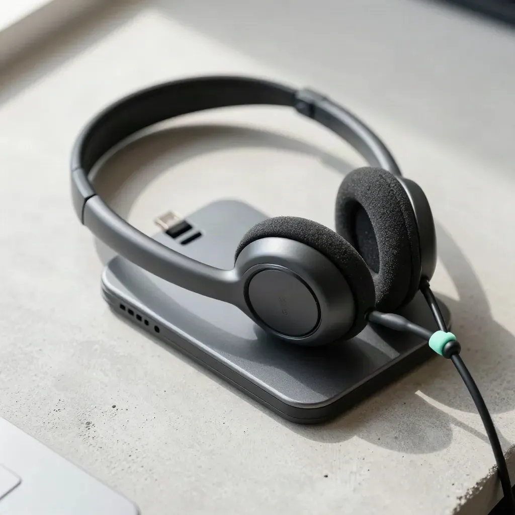 Macro of a headset dock, spare ear cushion and USB hub on pale concrete.