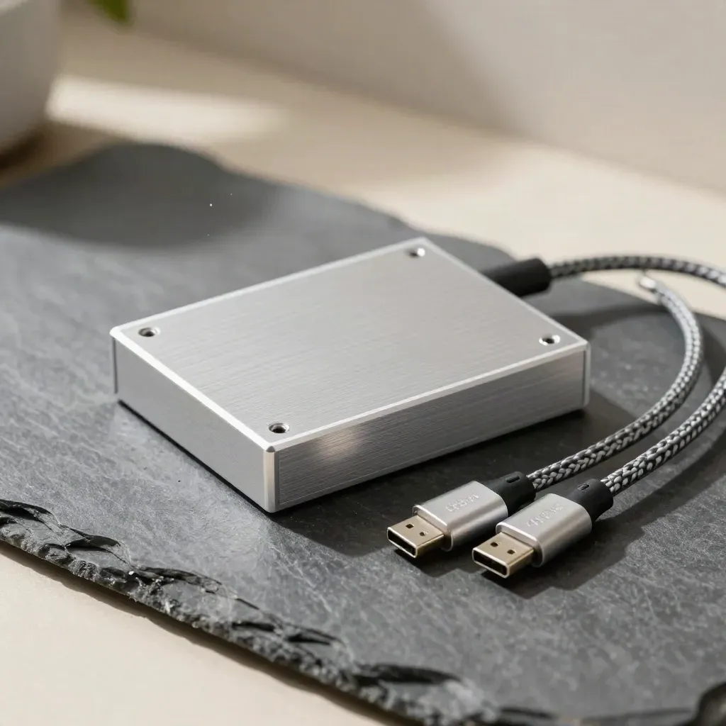 Half-open aluminium prototype enclosure with USB-C leads on slate stone, dramatic studio light.