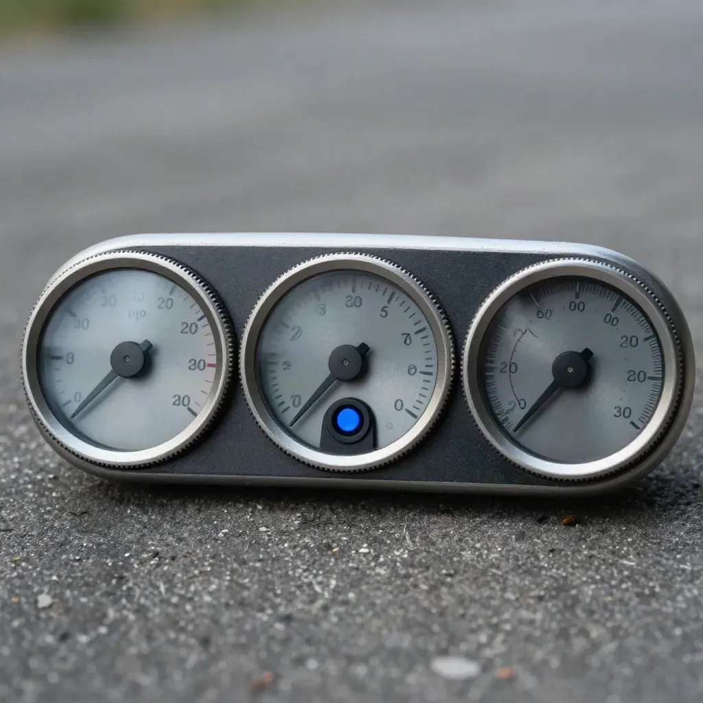 Three brushed-metal dials on dark concrete with an electric-blue control plate detail.