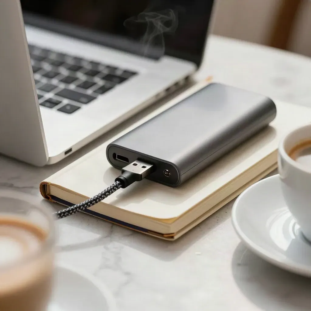 Closed laptop, power bank and braided cable on marble with steam and blurred glass edge.