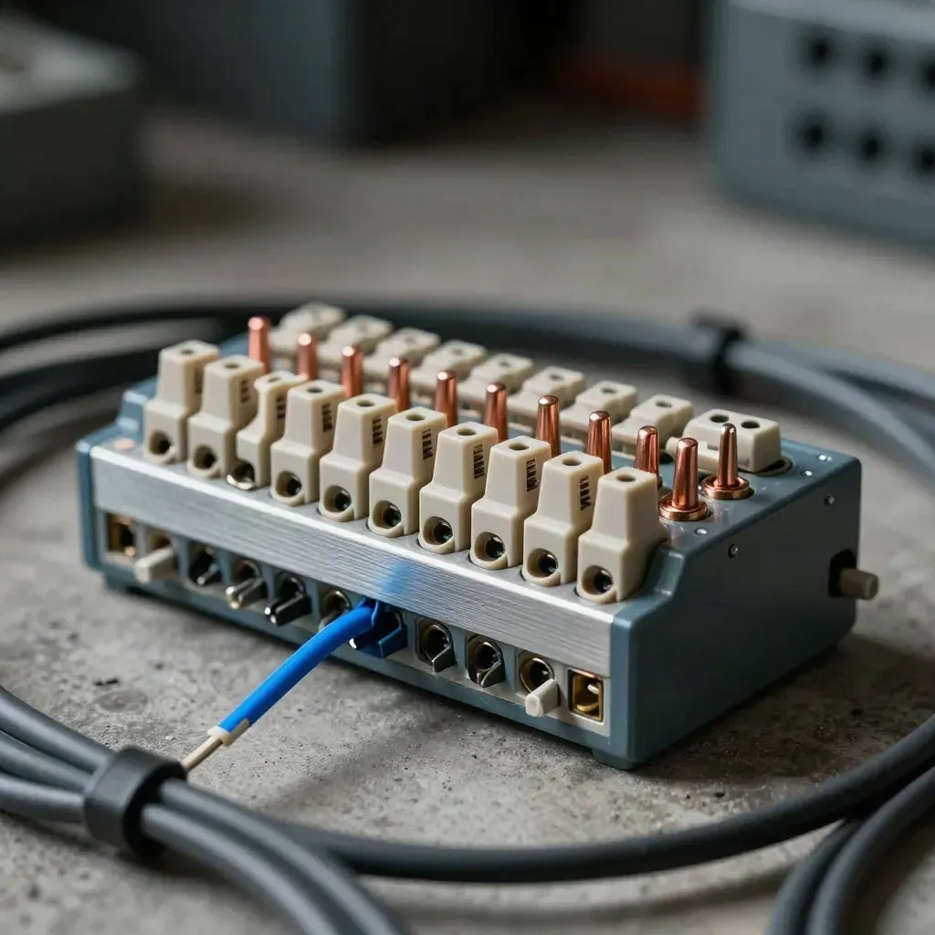 Punch-down block with relays, cable comb and ties on concrete, lit dramatically with electric-blue accent.