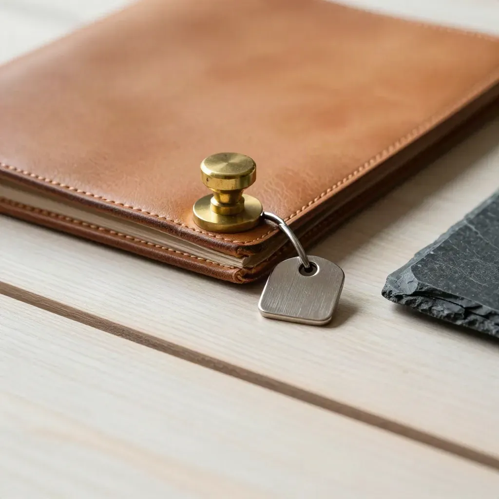 Leather folio, brass stamp, key token and paperweight on pale ash wood.