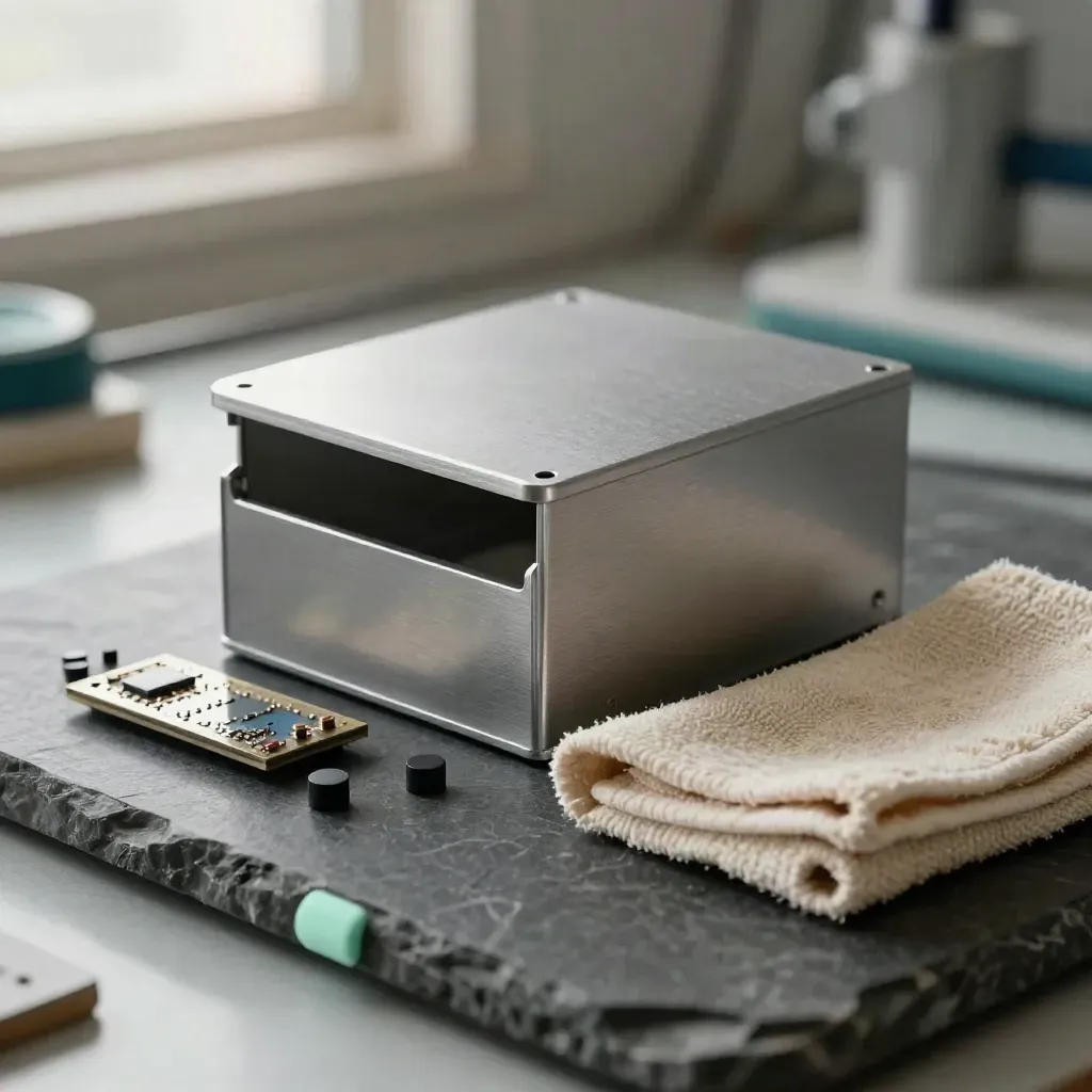 Prototype enclosure, chip tray, rubber feet and folded cloth on dark stone, lit with a warm rim