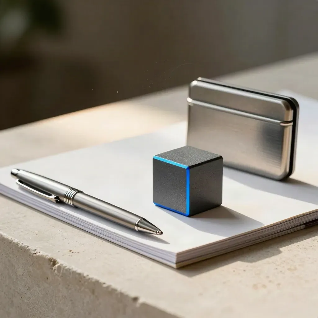 Closed folio and sample cube on pale stone with metal case and pen in moody blue-accented light.