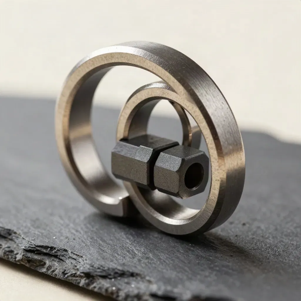 Brushed-steel rings, spacer block and connector on matte graphite in extreme macro.