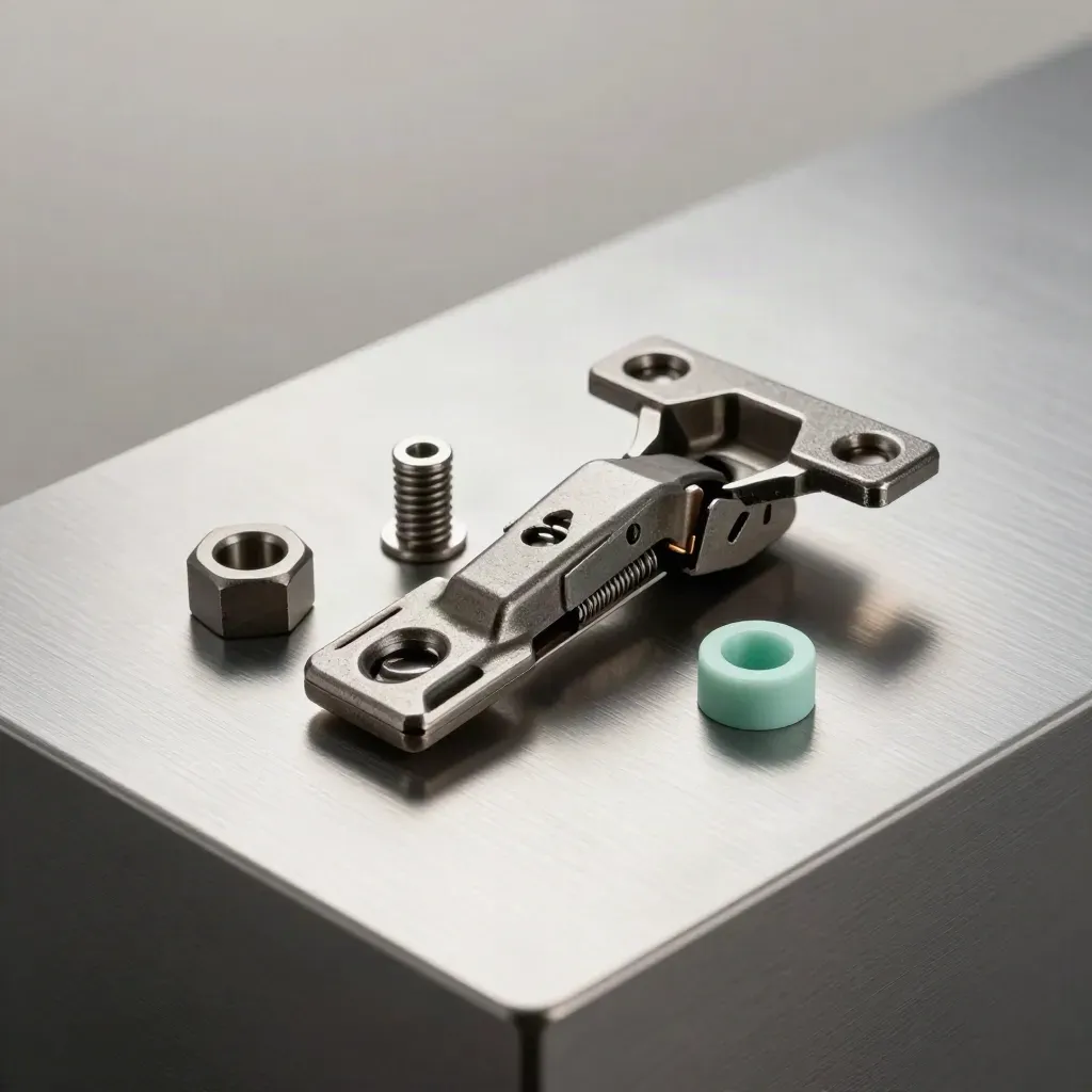 Precision hinge parts, hex standoffs and spring clip on brushed aluminium with dramatic light