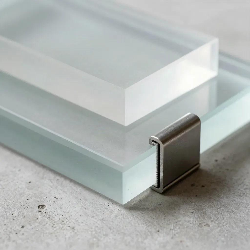 Overhead close-up of acrylic blocks, frosted glass tile, and a corner clamp on pale concrete.