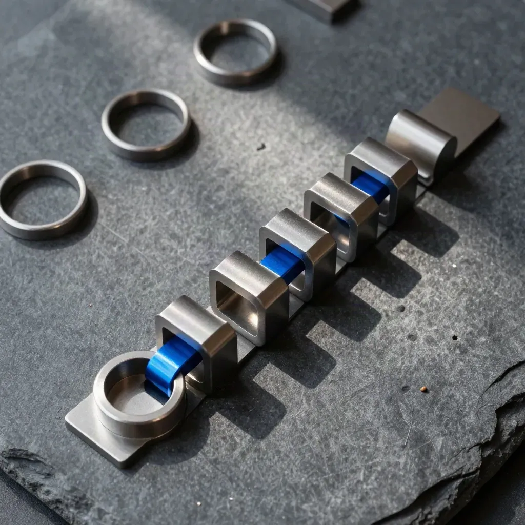 Top-down steel tabs and linked rings on charcoal stone with a blue accent.