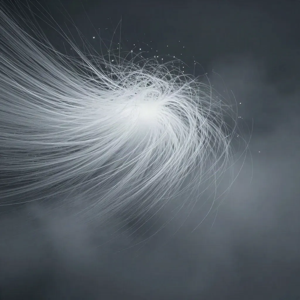 Silver filaments in graphite haze converge into a soft white bloom with open copy space.